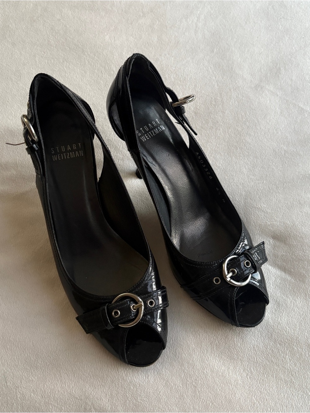 Stuart Weitzman Black Patent Peep-Toe Slingback Heels with Buckle